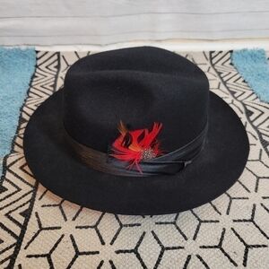 FERRECCI BLACK WOOL FEDORA HAT W RIBBON TRIM & FEATHER SZ MEDIUM